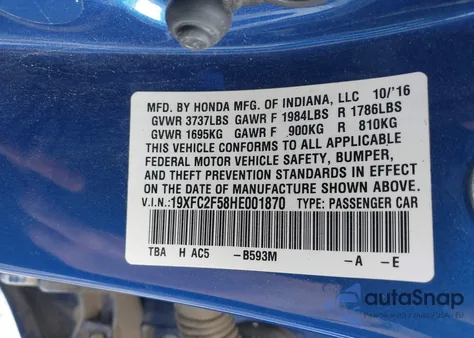 2017 Honda Civic Lx from USA, damaged, VIN 19XFC2F58HE001870
